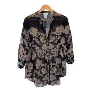 Soft Surroundings Blouse Women Size Medium Black Floral Button Up Semi Sheer